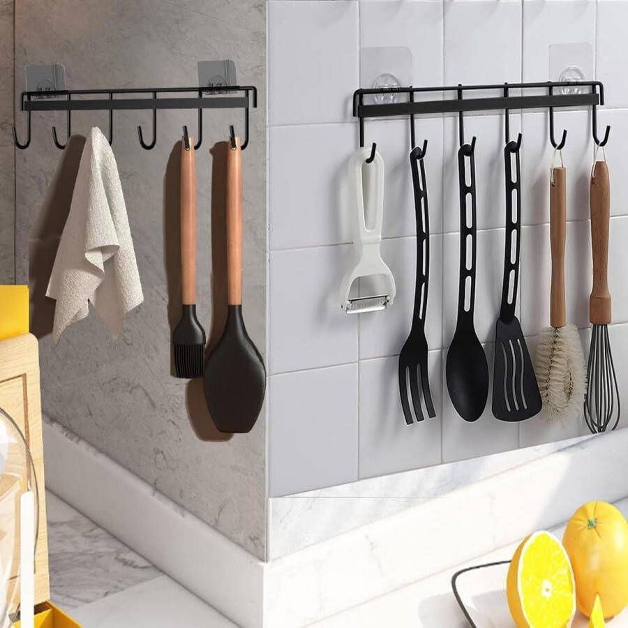 2-stuks keukengereihouders keukengereihouder met 6 haken voor keukengerei zonder boren keuken badkamer zwart ophangrek keukengerei