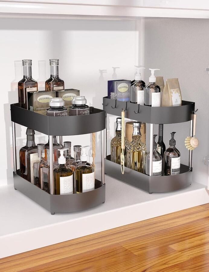 2-stuks keukenorganizer rek onder wastafel 2 etages 5 haken tot 100 kg reinigingsmiddelen zwart