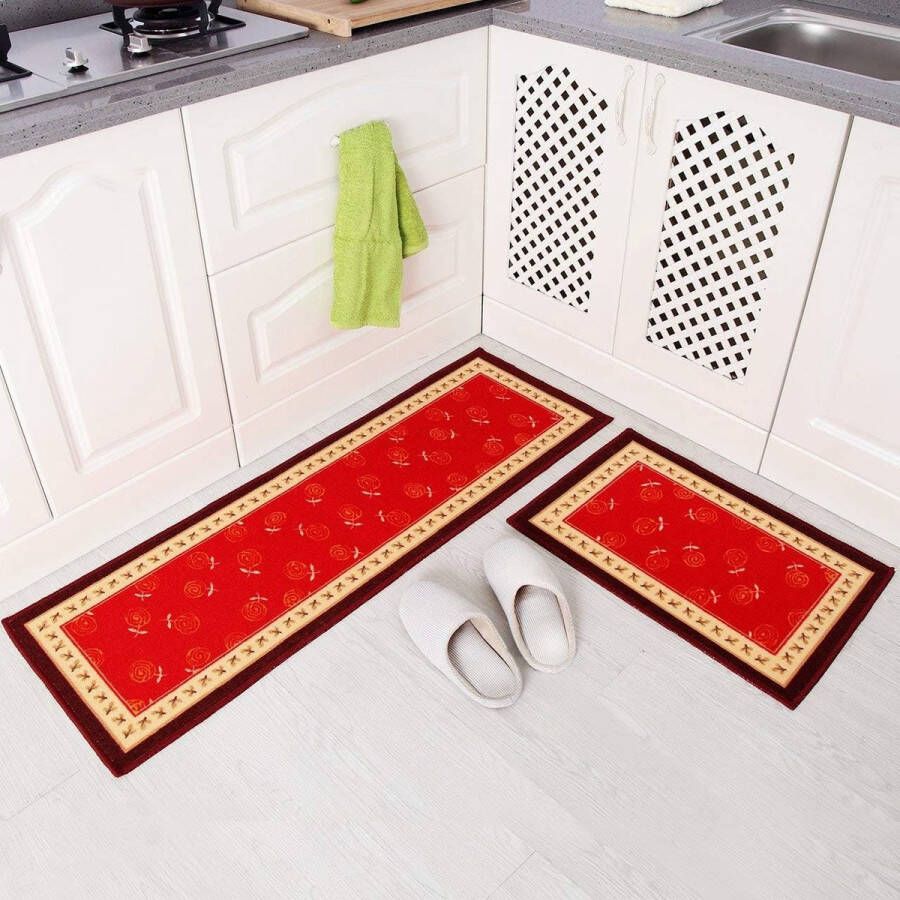 2 stuks keukentapijt wasbaar antislip keukenmat keukenloper vloermat loper badmatten (rood)
