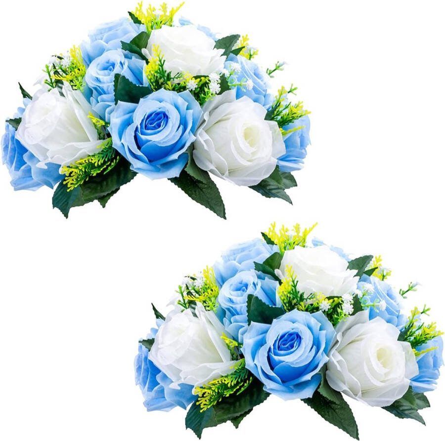 2 stuks kunstbloemen 15 koppen kunststof rozen met sokkel geschikt voor winkel bruiloft centrepiece bloemenrek voor feesten Valentijnsdag decoratie (blauw & wit)