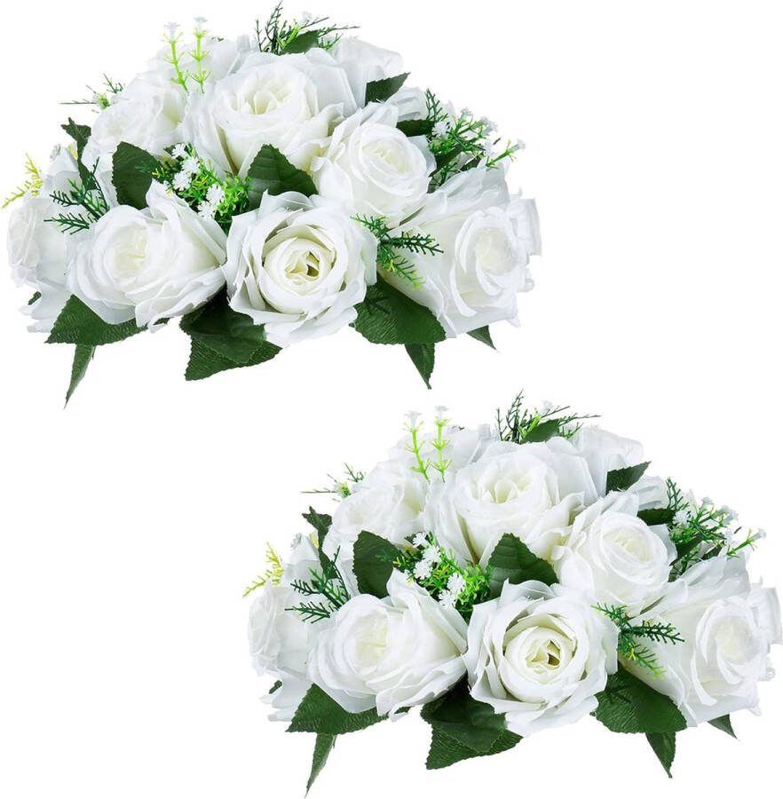 2 stuks kunstbloemen 15 koppen kunststof rozen met sokkel geschikt voor winkel bruiloft centrepiece bloemenrek voor feesten Valentijnsdag decoratie (puur wit)