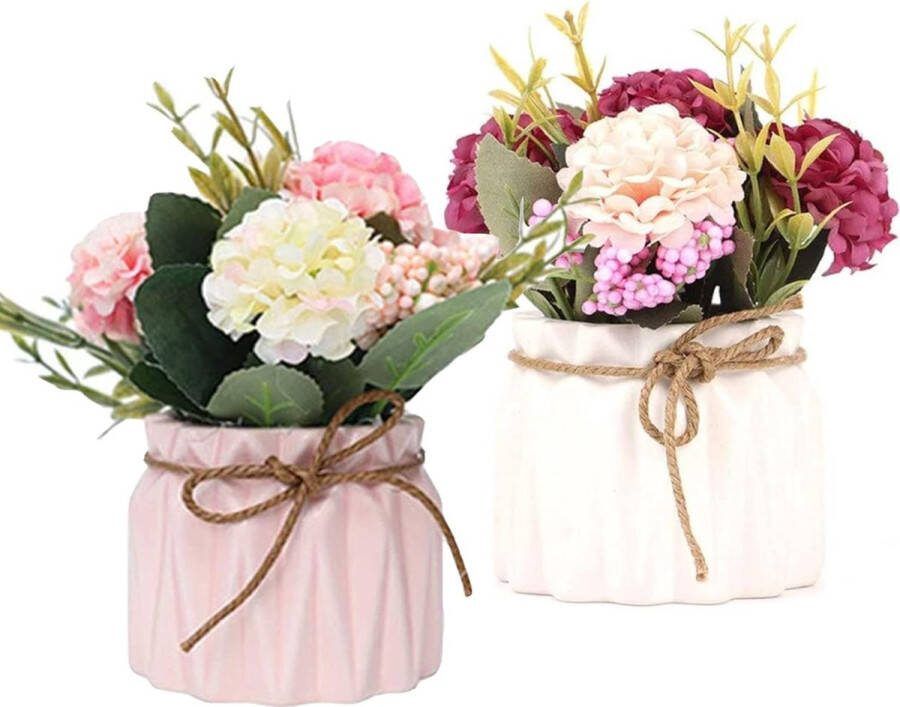 2 stuks kunstbloemen in pot kunstbloemen planten ter decoratie hortensia zijden bloemen boeketten met keramische vaas kunstplant decoratie voor thuis party kantoor bruiloft tafeldecoratie