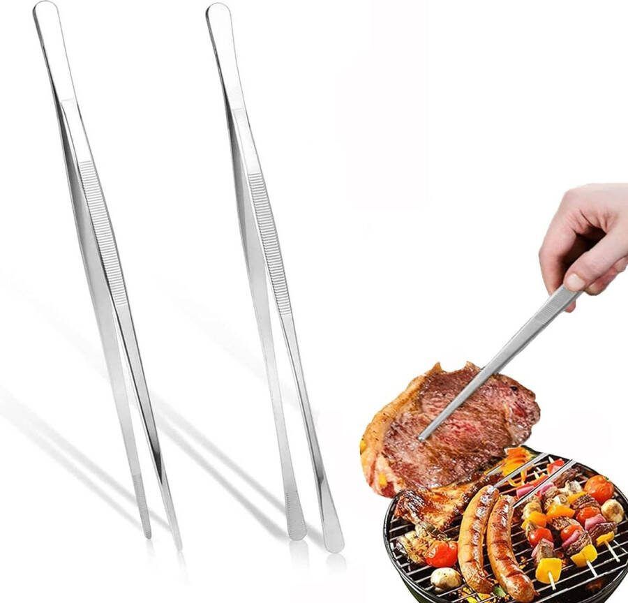 2 stuks lange grillpincet kookpincet roestvrij staal kookpincet voor de keuken vleestang met geribbelde greepvlakken 30 cm voor de keuken te gebruiken als grilltang vleesspatel vleespencet