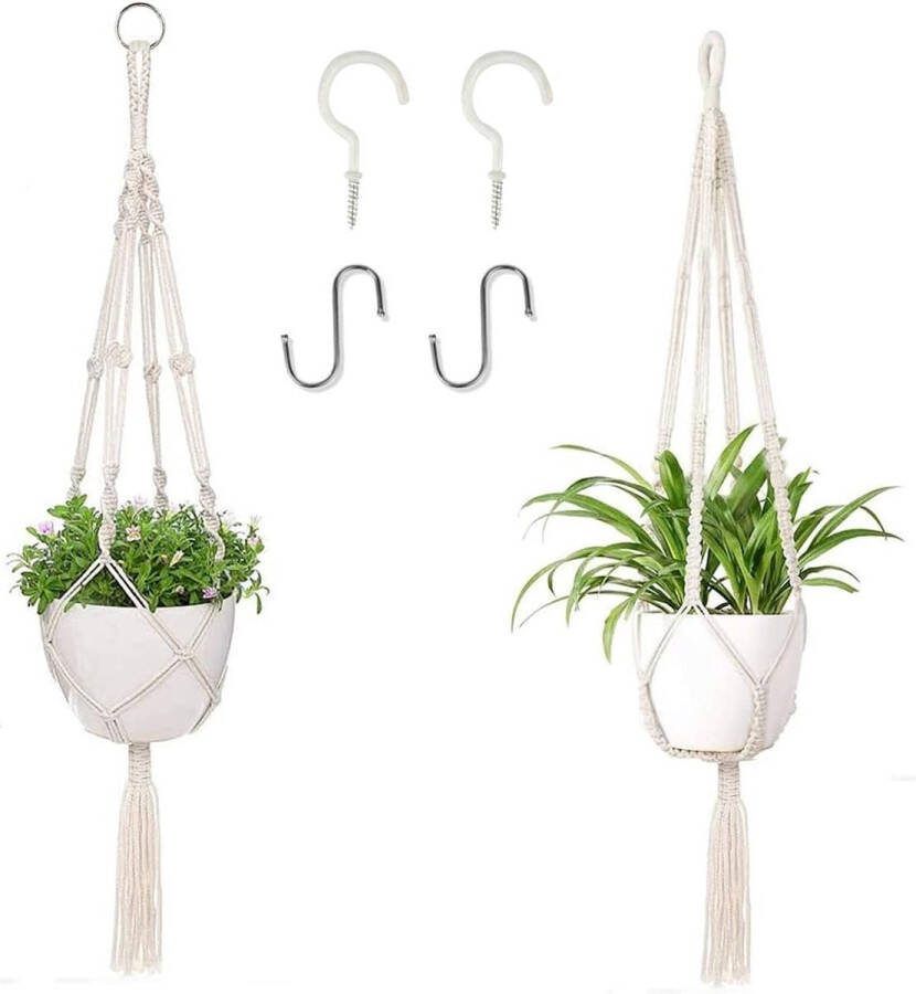 2 stuks macramé plantenhangers macramé met 4 haken hangpot 100 cm voor plafond- en balkonwanddecoratie binnen en buiten (beige)