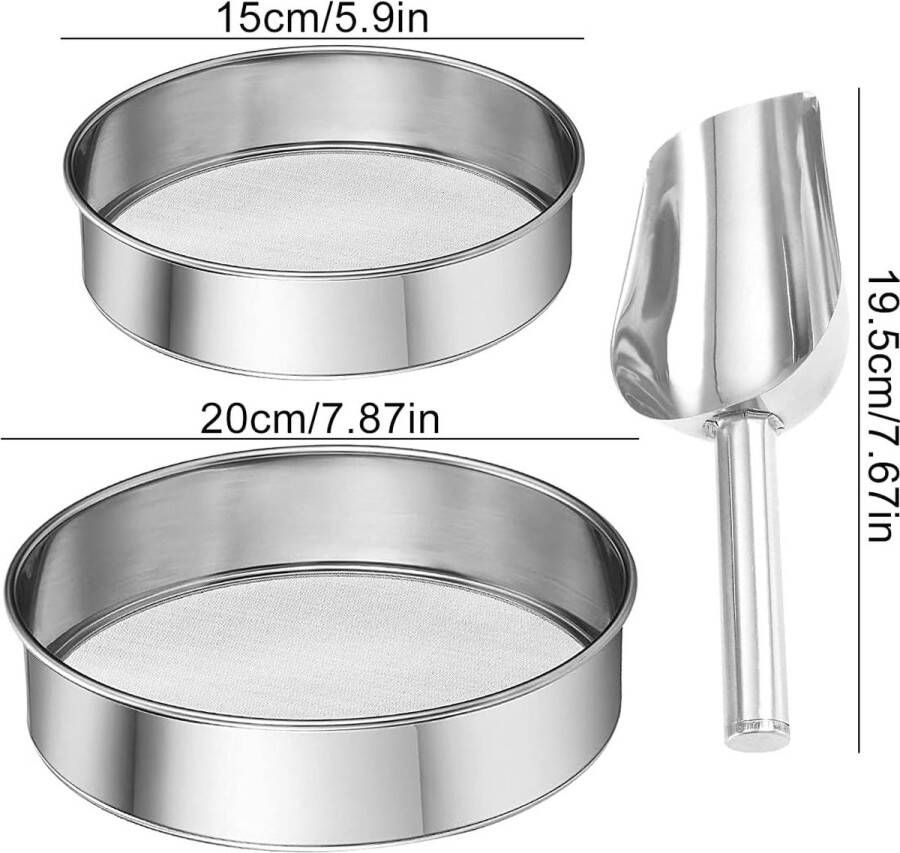 2 stuks meelroosterzeef met een meellepel keuken fijne zeef van mesh roestvrij staal zilver netto meelzeef zeef bakken poedervormig suikerfilternet 40 mesh (15 cm + 20 cm)