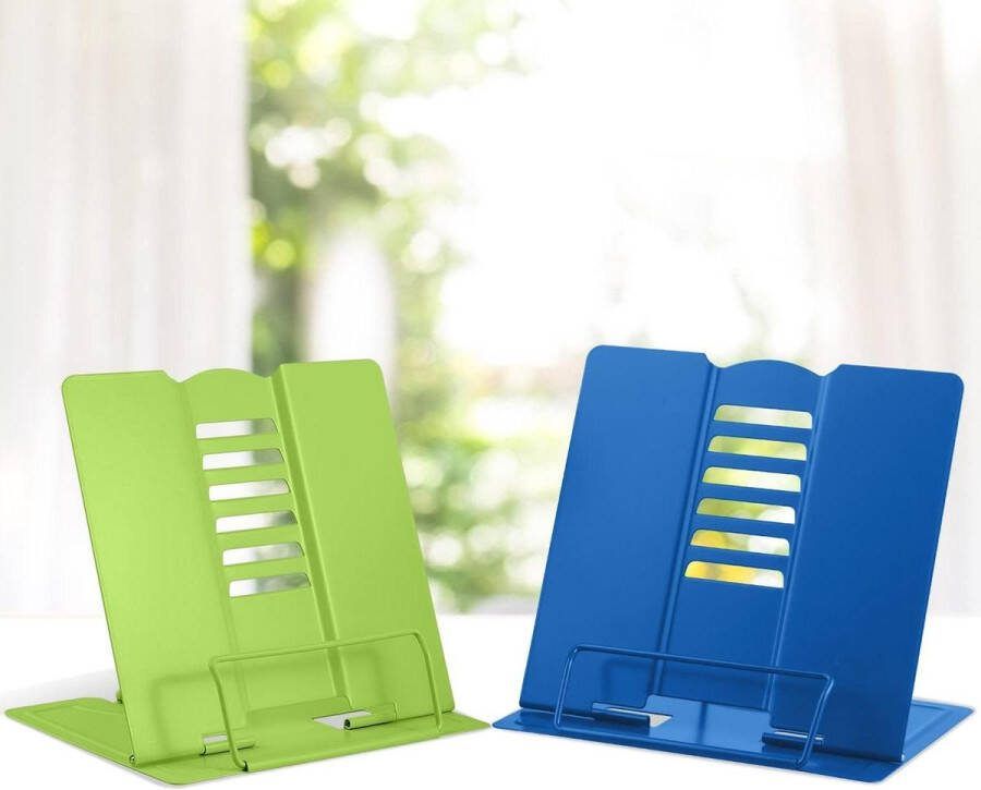 2 stuks metalen boekenstandaard leesboekhouder draagbare kookboek standaard verstelbare recept documentstandaard tablet muziekboekstandaard donkerblauw en groen