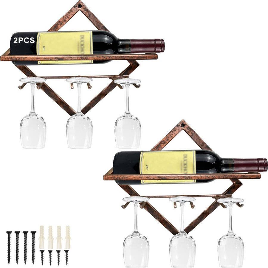 2 stuks metalen wijnhouder voor aan de muur gemonteerde wijnhouder stemware glazenrek vintage messing wandophanging rode wijnrek organizer met 3 glazen houders flessenrek wijnflessenrek