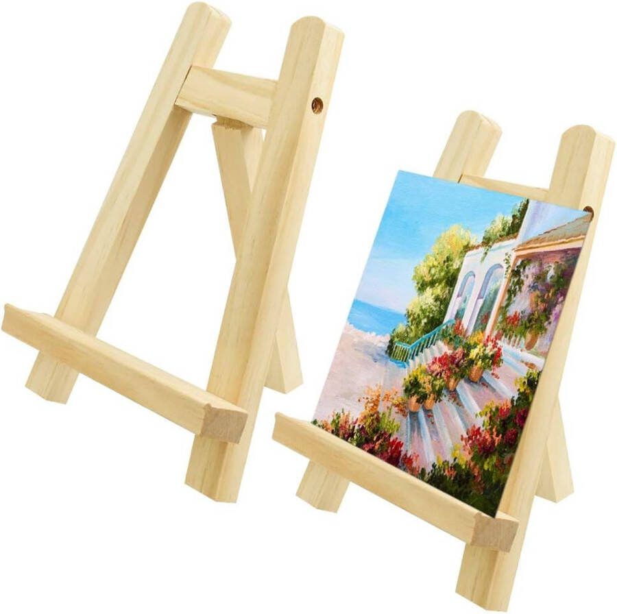2 stuks mini-ezel compacte ezel driehoek ezel kalender standaard kleine tafelezel mini houten ezel decoratie ezel voor bruiloft verjaardag doop feest (20 x 15 x 4 cm)