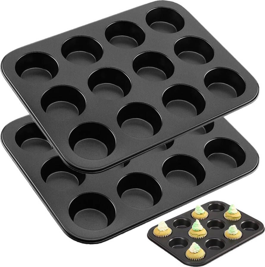 2 stuks muffinvorm muffinplaat voor 12 muffins koolstofstaal muffin bakvorm met antiaanbaklaag zwarte muffinvorm bakvorm bakplaat muffins bakvorm
