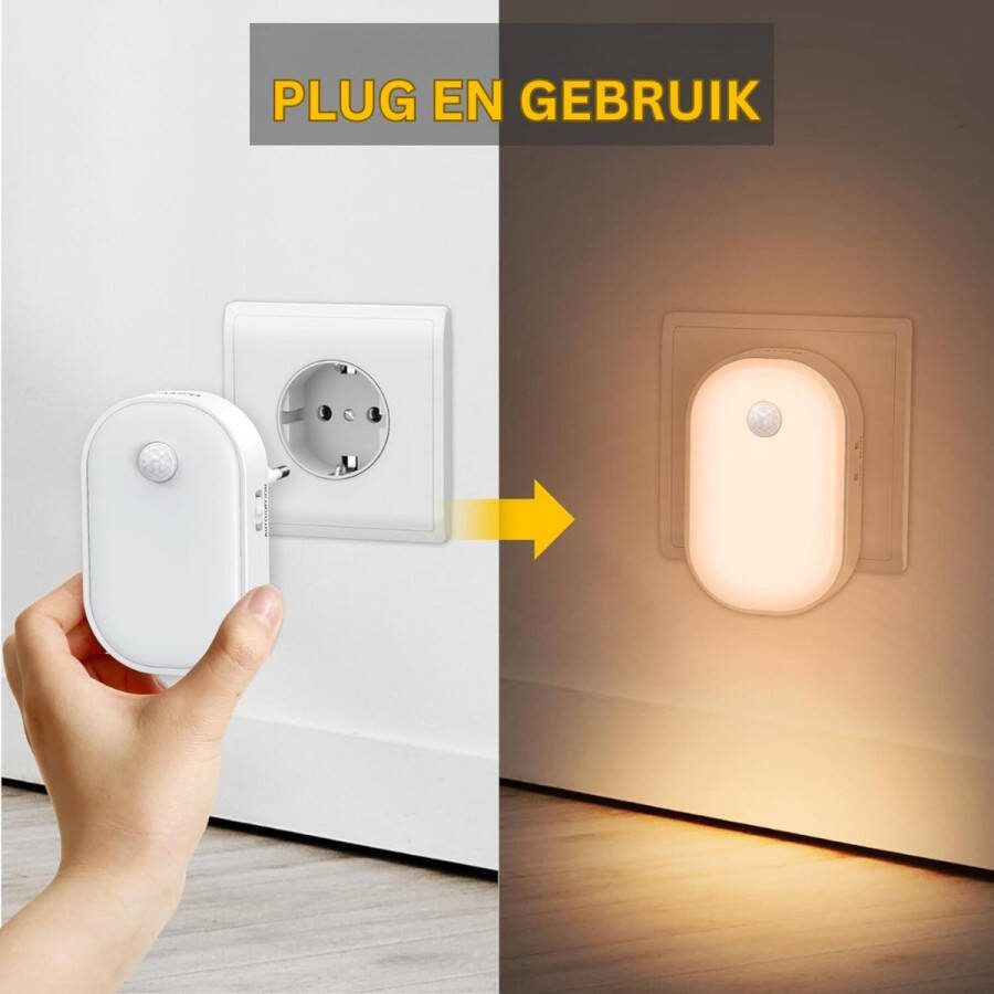 2 Stuks Nachtlampje Voor Stopcontact LED Lamp Met Bewegingssensor 3 Modi Instelbare Helderheid Dimbaar