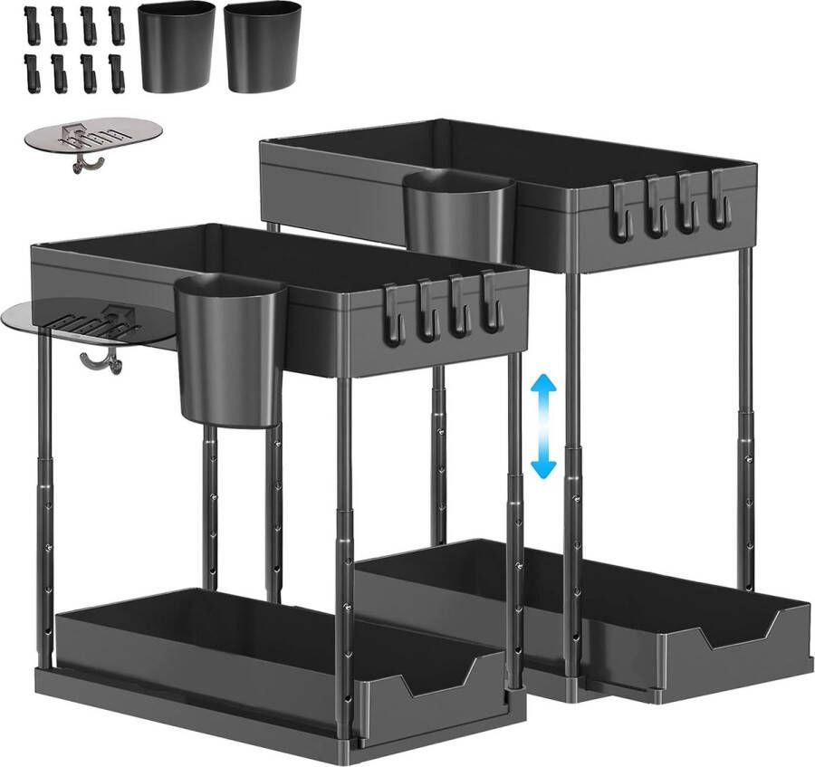 2 stuks onder wastafelrek 2 etages spoelkastorganizer in hoogte verstelbaar met 8 haken 2 kopjes 1 zeepkist Under Sink Organizer met schuiflade ideaal voor keuken en badkamer