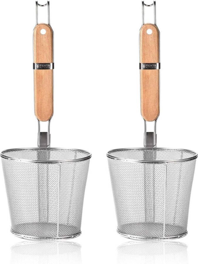 2 stuks pastamachine mand roestvrij staal fijnmazige pastazeef mand met houten handvat goed voor kokende levensmiddelen spaghetti knoedels (diameter 14 cm)