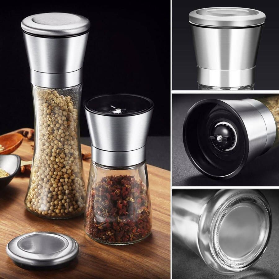 2 stuks peper- en zoutmolen 200 ml handmatige zout- en pepermolen glas met roestvrijstalen deksel navulbare pepermolen maalwerk kruidenmolenset voor keuken