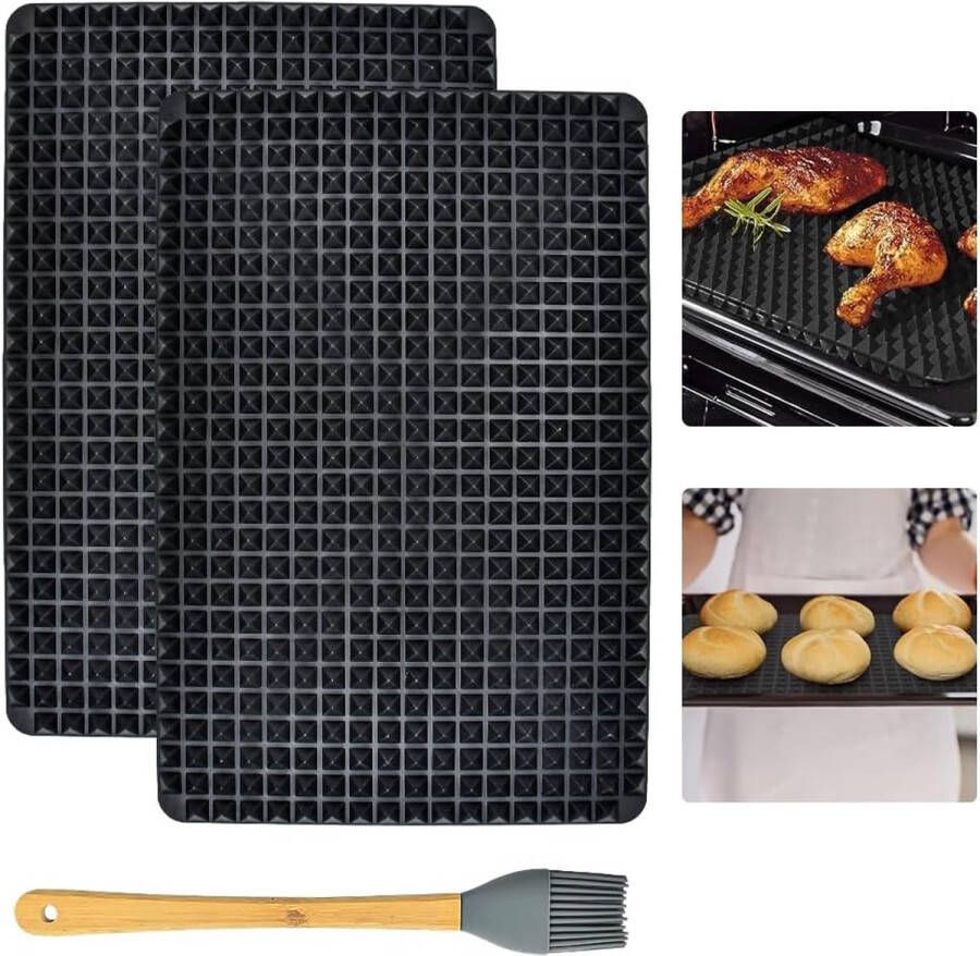 2 stuks piramide bakmat siliconen bakplaat siliconen mat zwart hittebestendig piramide bakmat siliconen bakmat oven bakmat met siliconen borstel voor ovengrill BBQ (27 x 39 cm)