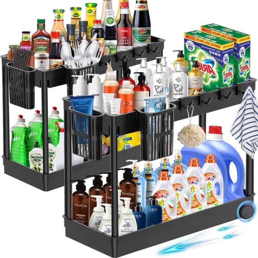 2 stuks rek voor onder de wastafel 2 etages spoelkastorganizer keukenorganizer met 8 haken 4 hangbekers keukenkast organizer onderkast organizer voor badkamer keuken tafelblad