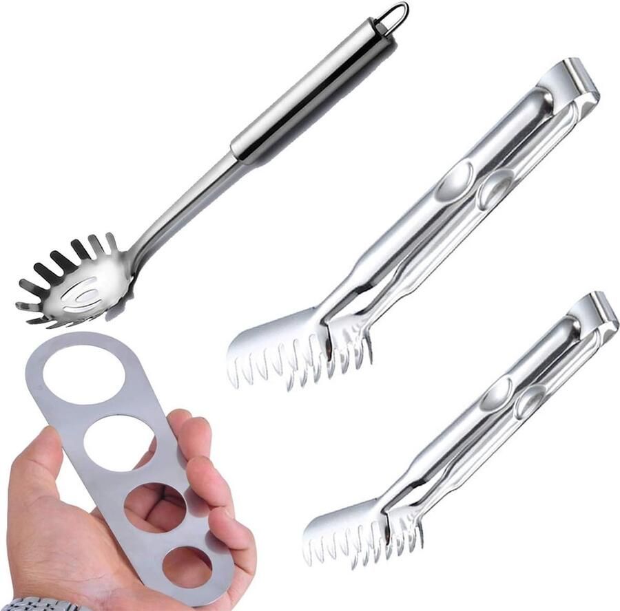2 stuks roestvrijstalen spaghettitangen + 1 stuks spaghetti-meetgereedschap 4 meetinstrumenten + 1 stuks roestvrije hittebestendige noedellepel voor keuken