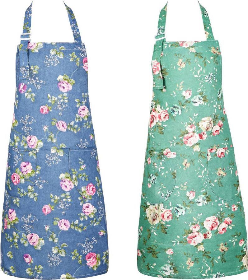 2 stuks schort kookschort met bloemenpatroon verstelbare halsomtrek damesschorten met zakken verstelbare damesschort keukenschort grillschort voor koken bakken blauw