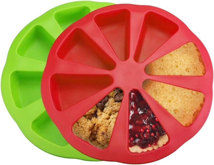 2 stuks siliconen bakvormen taartvorm met 8 holle ruimtes taartportie driehoek siliconen vorm cake bakvorm voor het bakken van brood cake pizza doe-het-zelf zeven (rood groen)
