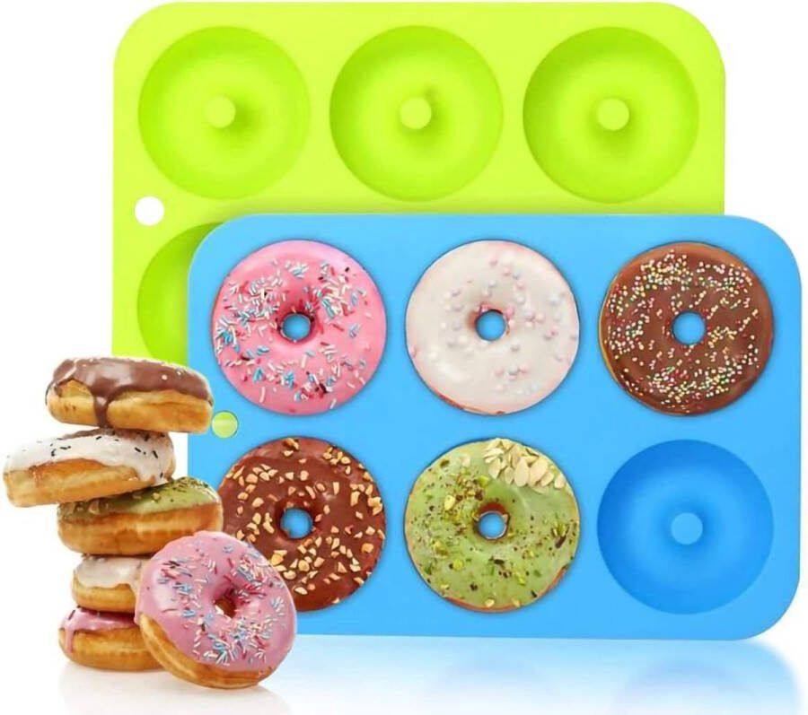 2 stuks siliconen donutvormen 6 holle ruimtes veilige siliconen donutbakvorm hittebestendigheid bakplaat geschikt voor -40 tot 230 graden goed voor het maken van koekjes bagels muffins (blauw groen)