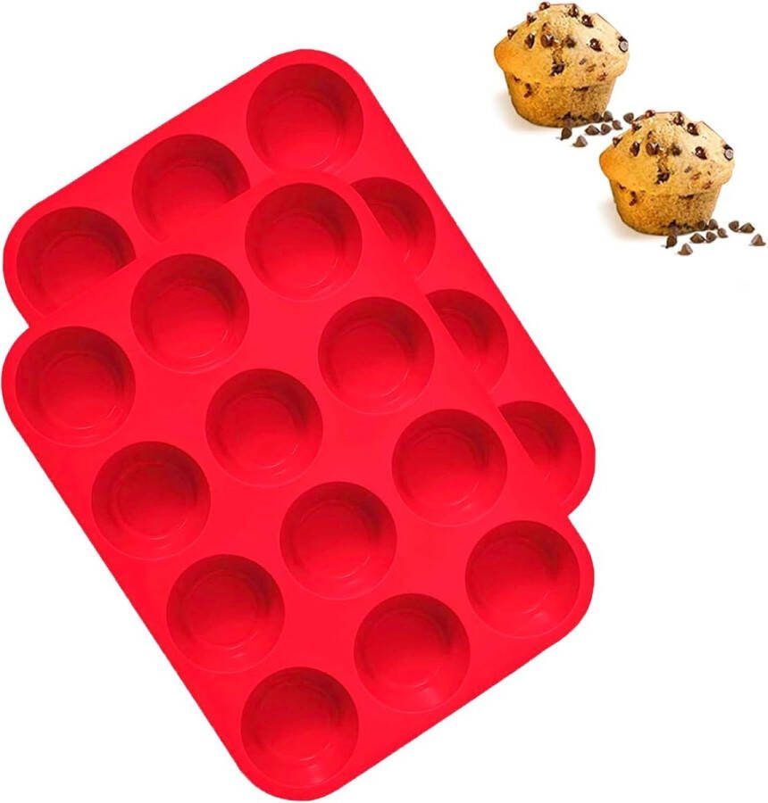 2 stuks siliconen muffinvorm voor 12 muffins herbruikbare muffinplaat rood muffinbakvorm anti-aanbak siliconen vorm voor cupcakes brownies basic baking 29 x 22 x 3 cm