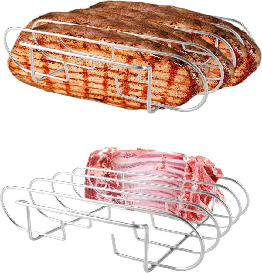2 stuks spareribs houders grillopzetstuk voor het bereiden van 4 ribben en braden zilveren roestvrijstalen ribjeshouder voor kolengrill of gasbarbecues 29 x 27 x 7 5 cm