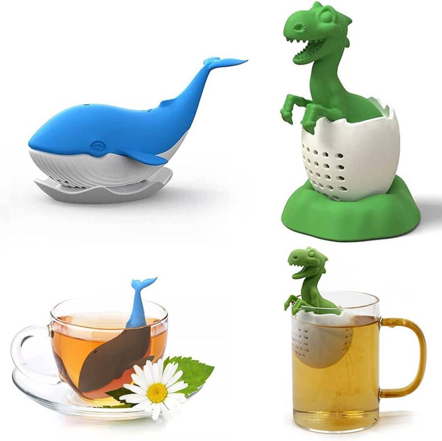 2 stuks theezeef theeblad Infuser theezeef voor losse thee siliconen losse blad kruiden schattige walvis dinosaurus theefilter thee zeefjes met druppelbak kruiden filter diffuser voor mok bekers