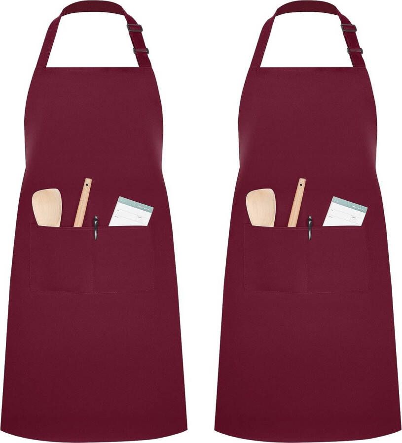 2 stuks verstelbaar schort met 2 zakken keukenschort voor keuken restaurant café (wijnrood polyester)
