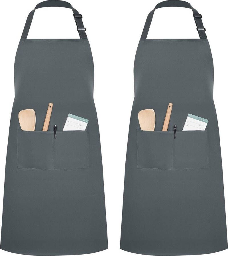 2 stuks verstelbare schort met 2 zakken keukenschort voor keuken restaurant café (grijs polyester)