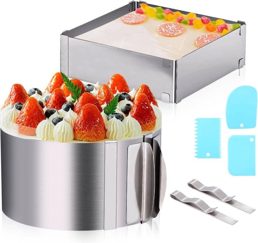 2 stuks verstelbare taartring 16-30 cm ronde en rechthoekig roestvrij staal 8 cm hoge roestvrije bakvorm voor bakken en decoreren voor taarten pizza bakken en desserts bakaccessoires