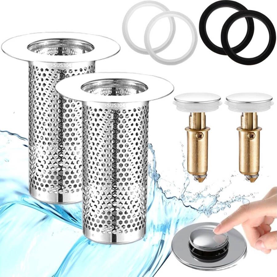2 stuks vloerafvoerfilters van roestvrij staal voor 33-55 mm afvoer universele afvoerstop zeef met messing push-type terugslagkern wastafelstop voor gootsteen badkuip keuken douchegoot