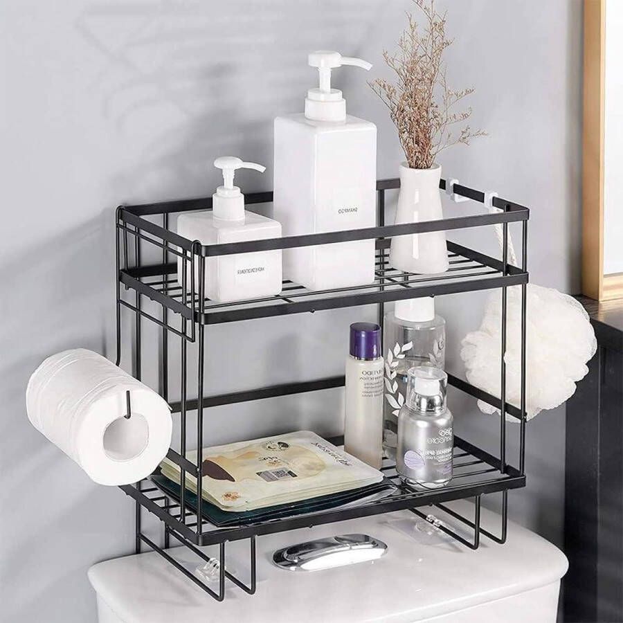 2 Tier opbergrek badkamer boven toilet organizer met rolpapier ophanghaken kleefbasis vrije perforatie zwart plank Opbergrek