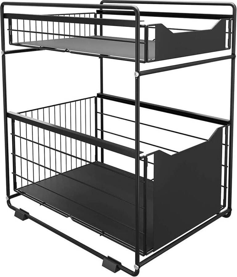 2 Tier Organizer met Opberglade Onder Gootsteen Schuifkast Trek Mandenrek Kruidenrek Snack Organizer voor Keuken Badkamer Teller Pantry Kantoor-Zwart Sink organizer