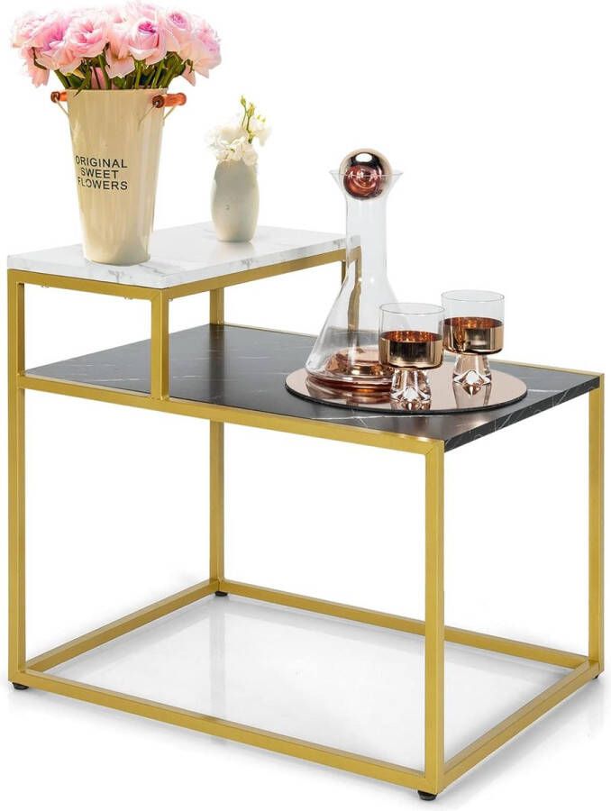 2-traps bijzettafel koffietafel met 2 planken nachtkastje marmerpatroon woonkamertafel met gouden metalen frame koffietafel met verstelbare poten salontafel 61 x 45 5 x 56 cm goud