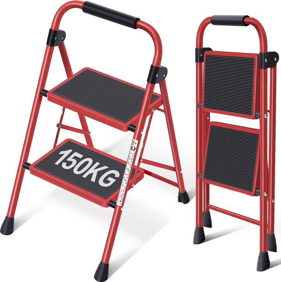 2-traps ladder vouwladder met antislip en breed pedaal kleine ladder met handvat zware stalen ladder lichtgewicht en draagbare trapladder rood