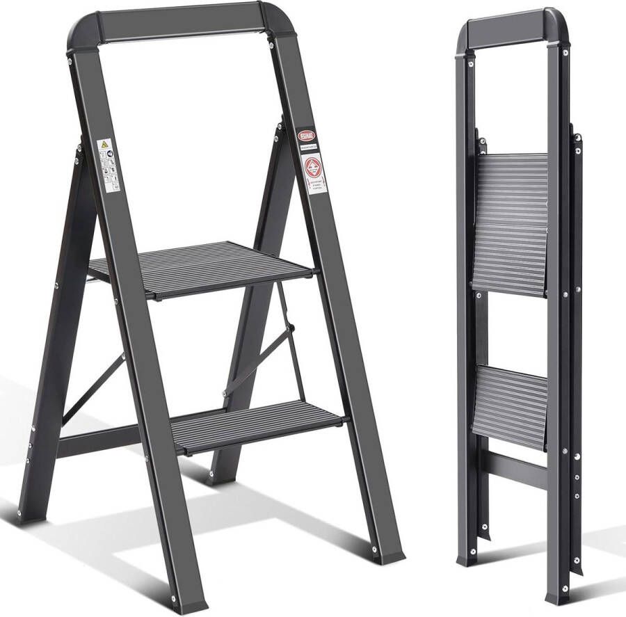 2-treden vouwladder met leuning antislip huishoudladder klapbeveiliging belastbaar tot 150 kg zwart