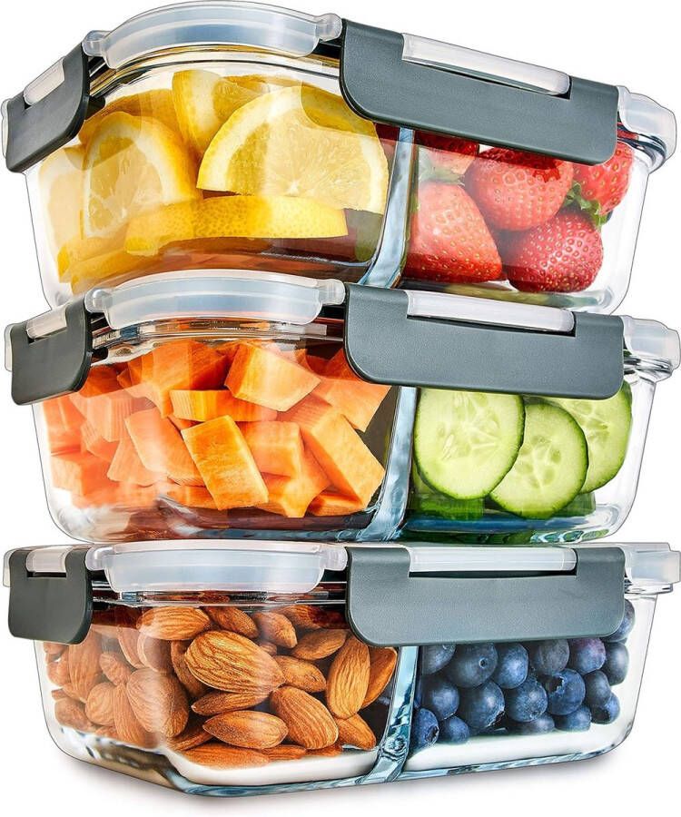 2-vaks maaltijdbereidingscontainer van glas met transparant deksel luchtdicht afsluitbare voedselbewaarcontainers BPA-vrij geschikt voor magnetron vriezer vaatwasser oven [pak van 3]