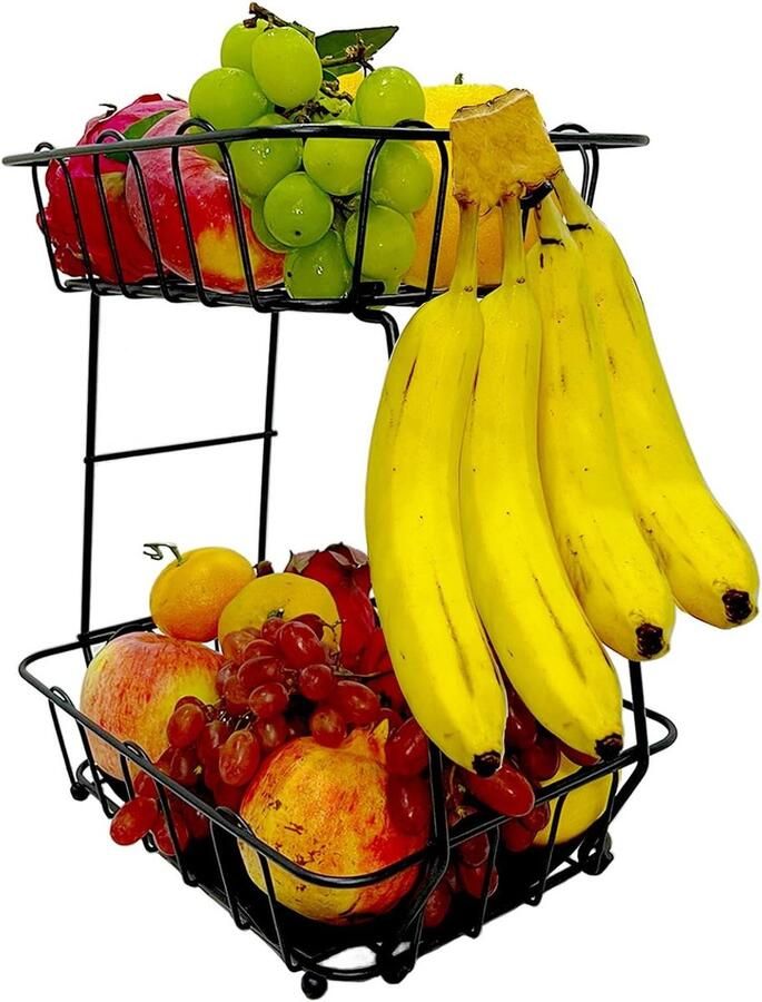 2-verdiepingen afneembare fruitetagère keuken fruitschaal metaal fruitmand voor brood groenten zwart
