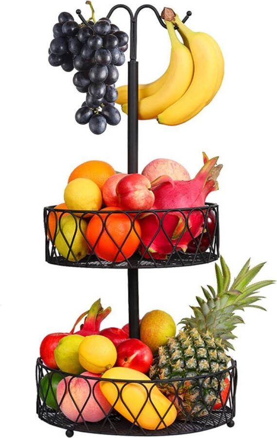 2 verdiepingen fruit etagère bananenhouder voor meer ruimte op het werkblad opslag voor groenten en fruit fruitschaal fruitstandaard (zwart)