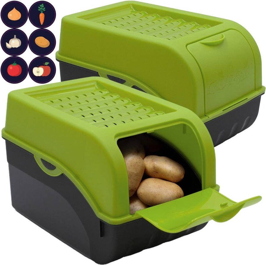 2 Voorraaddozen + 6 stickers 29x19x19cm 5L 4 kg aardappelen Groen voor groenten en fruit appels en uien