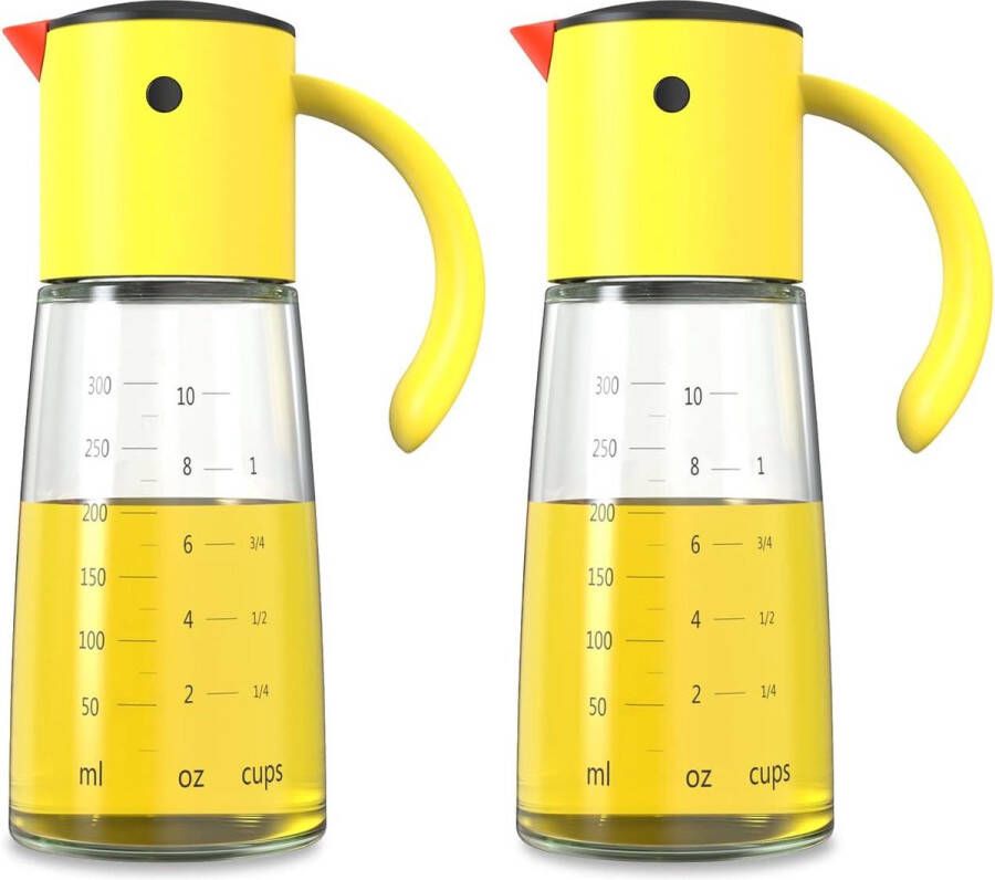 2 x 300 ml gele olijfolie-dispenserfles voor koken in de keuken met automatische deksel en stop kruidenpot met automatische klep