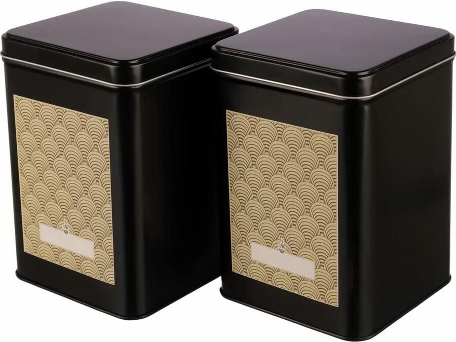 2 x hoekige theedoos koffieblik zwart stapelbaar aromadicht van metaal met klapdeksel voor 400 g thee incl. 2 Art Déco zelfklevende etiketten 15 3 x 10 6 x 10 6 cm (H B D)