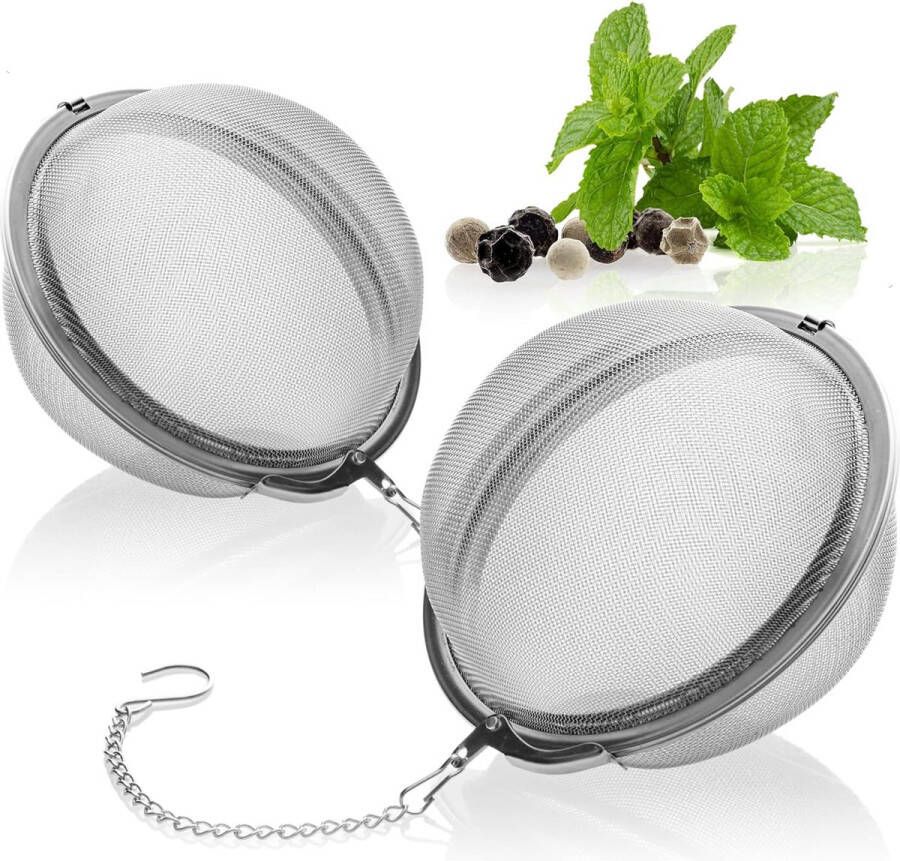 2 x theezeef van roestvrij staal 304 groot thee-ei voor losse thee kruiden en specerijen fijnmazig theefilter met ketting kruidenzeef (2 stuks diameter 7 5 cm)