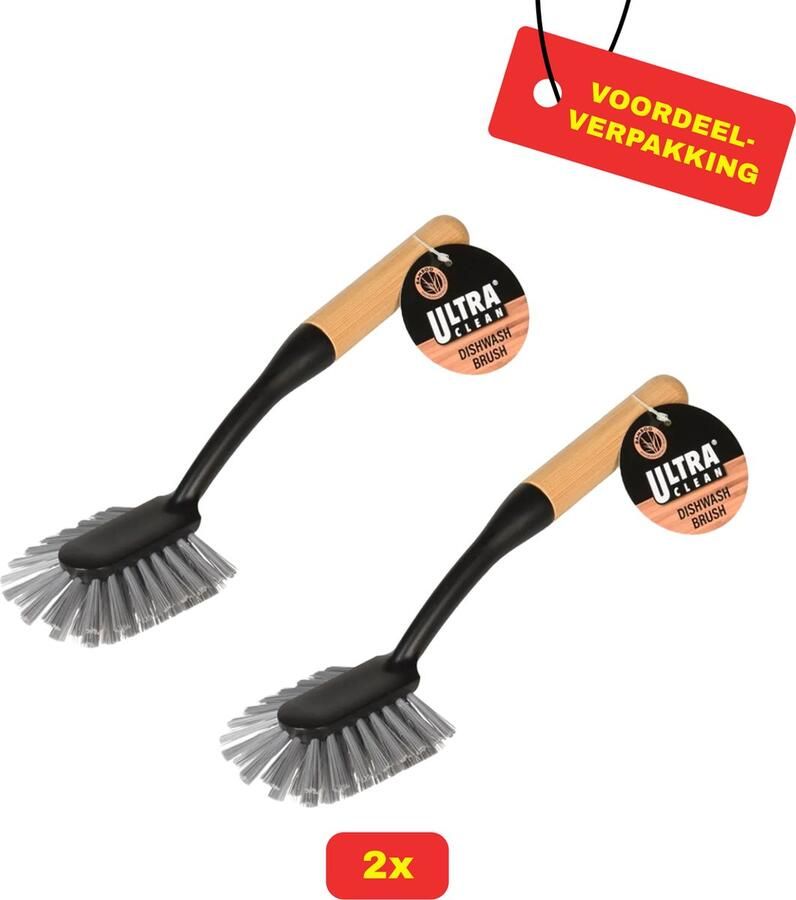 2 x Ultra Clean Afwasborstel Bamboe Mat Zwart Voordeelverpakking