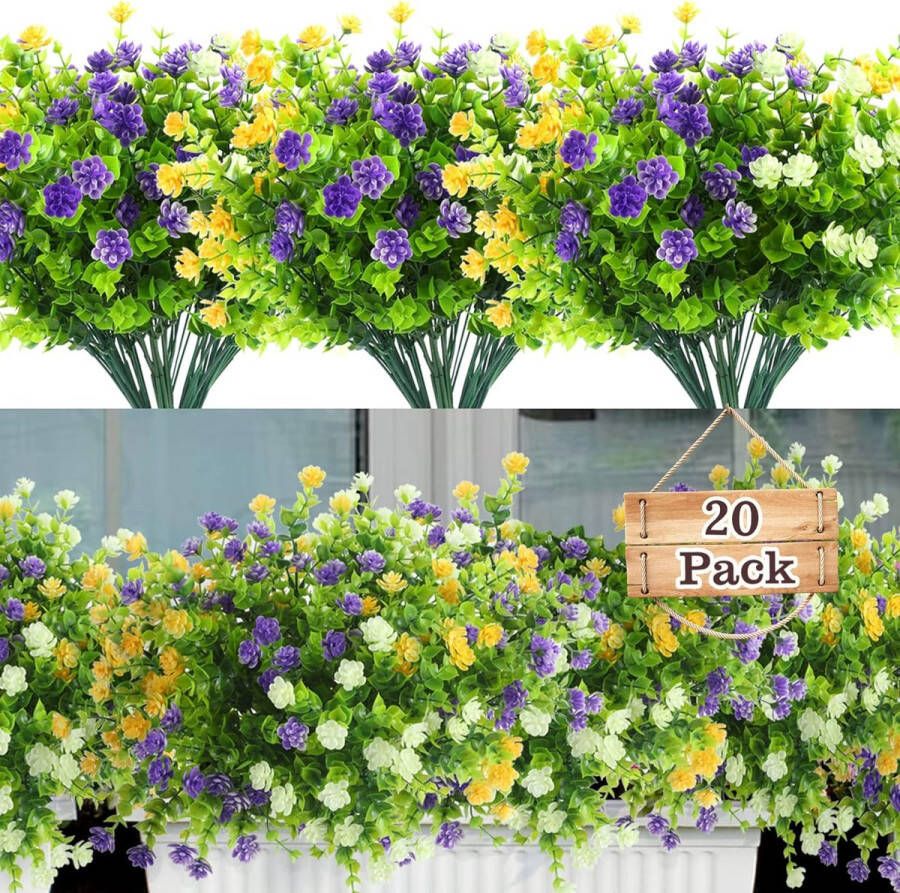 20 bundels kunstbloemen voor buiten. UV-bestendige kunstbloemen voor buiten hangende plantenbak kunstplanten en -bloemen. Huis- tuin- muur- veranda- en bruiloftsfeestdecoratie wit geel paars
