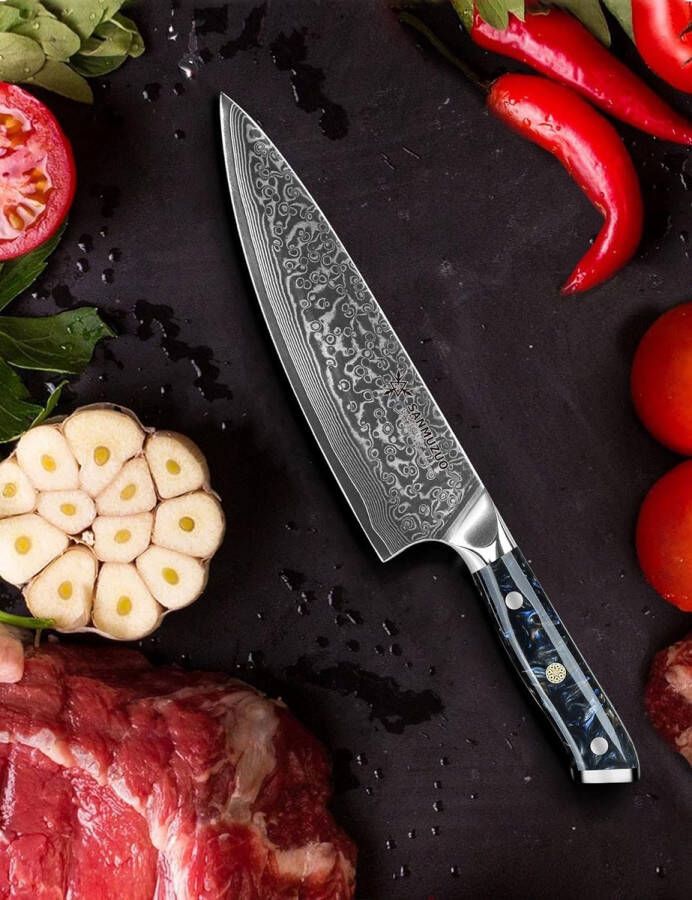 20 cm Koksmes Damastmes Professioneel Chefsmes scherp Keukenmes 67 lagen Japans damaststaal VG10 met Hars Handvat Xuan serie(Fantasie Oranje)