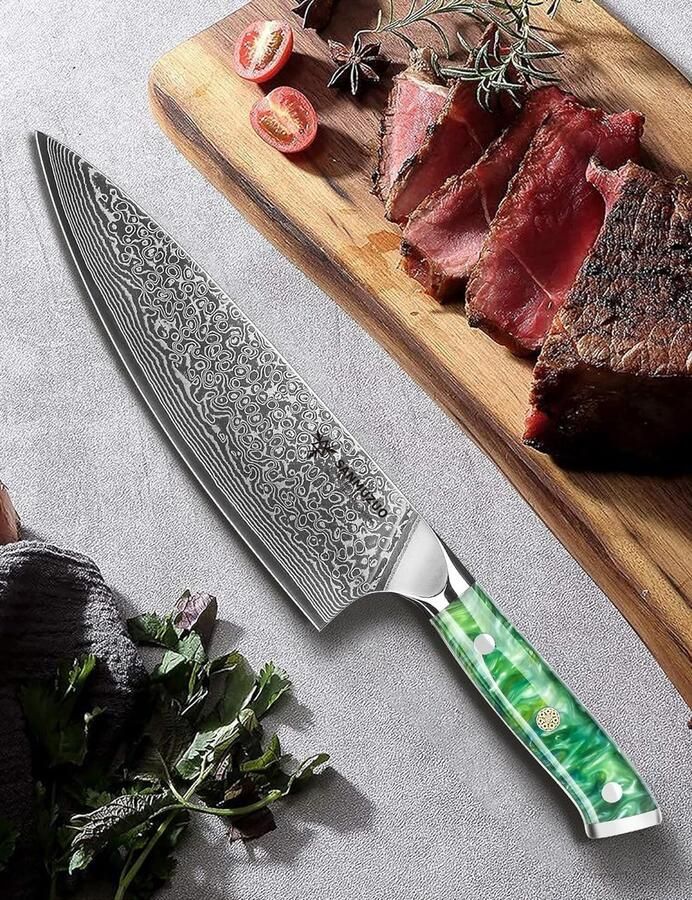 20 cm Koksmes Damastmes Professioneel Chefsmes scherp Keukenmes 67 lagen Japans damaststaal VG10 met Hars Handvat Xuan serie(Jadeët Groen)