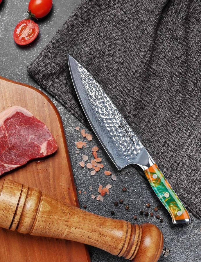 20 cm Koksmes Damastmes scherp Damaststaal Gyuto Mes Professioneel Gesmeed Keukenmes met Hars Handvat Yao serie