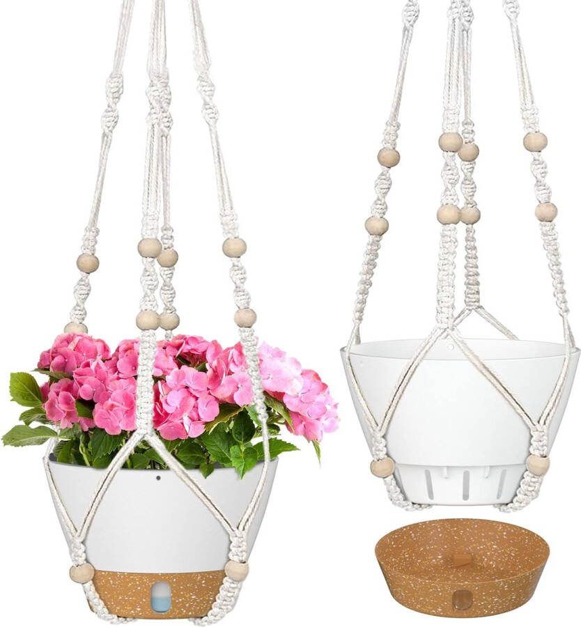 20 cm macramé hangmand voor binnen- en buitenplanten zelfwatergevende hangmand met mand bloempot met afvoergat en zichtbaar waterniveau plantenpotschotel (wit set van 2)