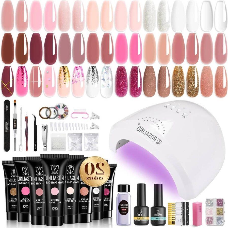 20 Colors Poly Nail Gel Kit with UV LED Lamp for Nail Extensions Top Base Coat Included