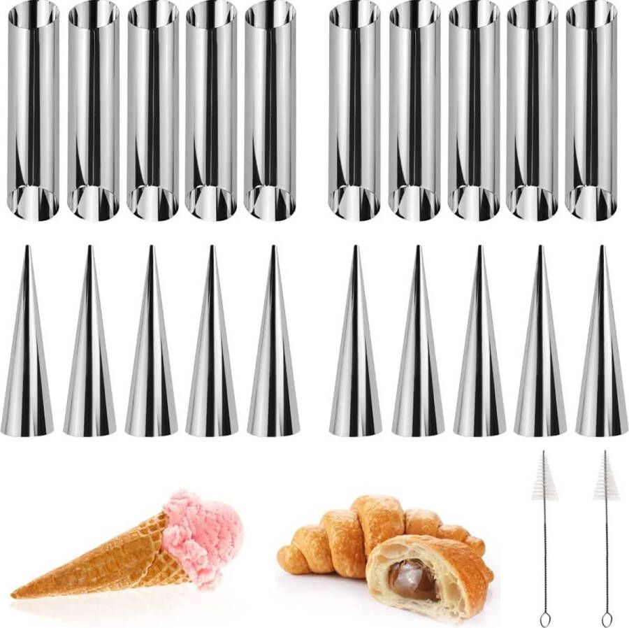 BUENTYA 20 Pieces Iridescent Curl Moulds Stainless Steel Foam Roll Mould 12.2 12.4 cm Piping Nozzles Set Non-Stick Cream Roll Shape Cannoli Mould Cannoli Mould with 2 Cleaning Brushes